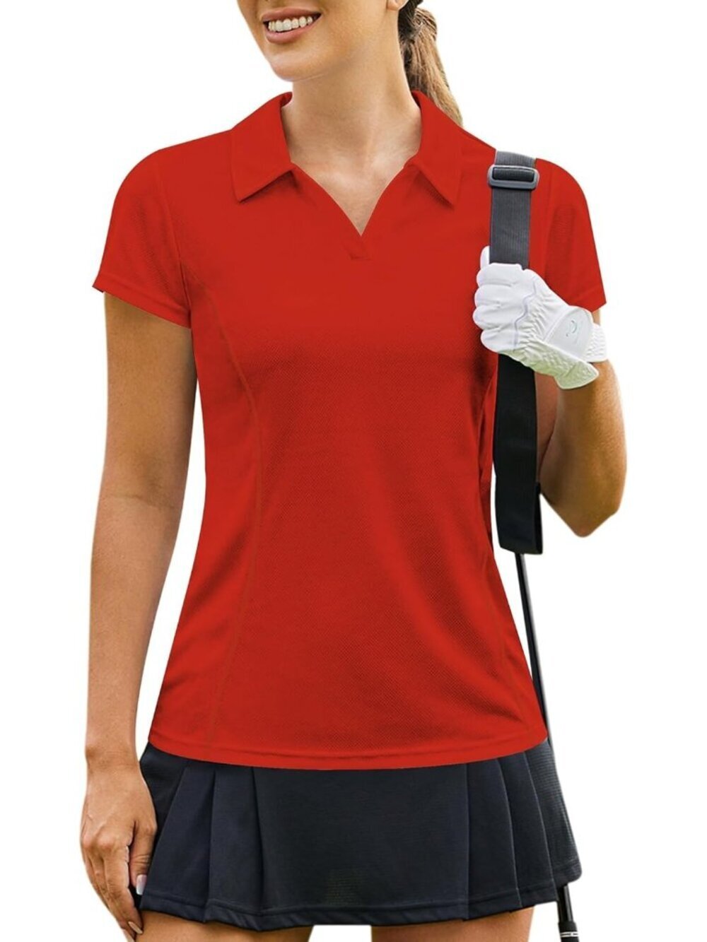 Women's Red Golf Shirt Short Sleeve Quick Dry V-Neck Tennis Tops Fit